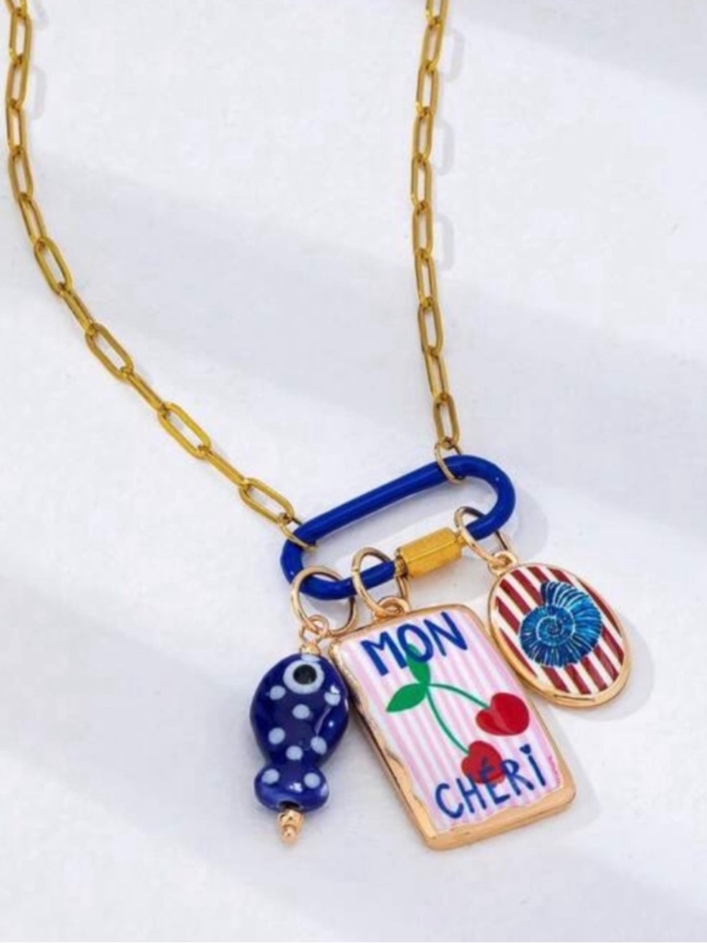 New Coastal Mon Cheri Cherry Blue Carabiner 18K Gold Plated Necklace NWOT (1039) - Picture 2 of 3